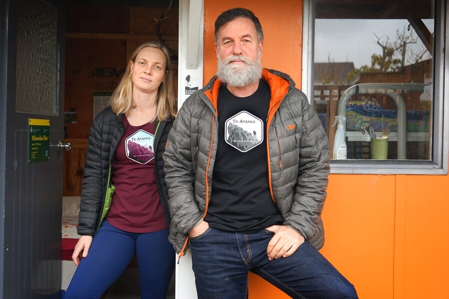 Ally and Anthony from Unco outside Whiowhio Hut in Palmerston North